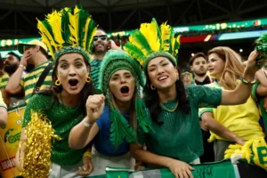 مشجعات برازيليات في كأس العالم قطر 2022 خلال مبارة الكاميرون ضد البرازيل على ملعب لوسيل (رويترز)