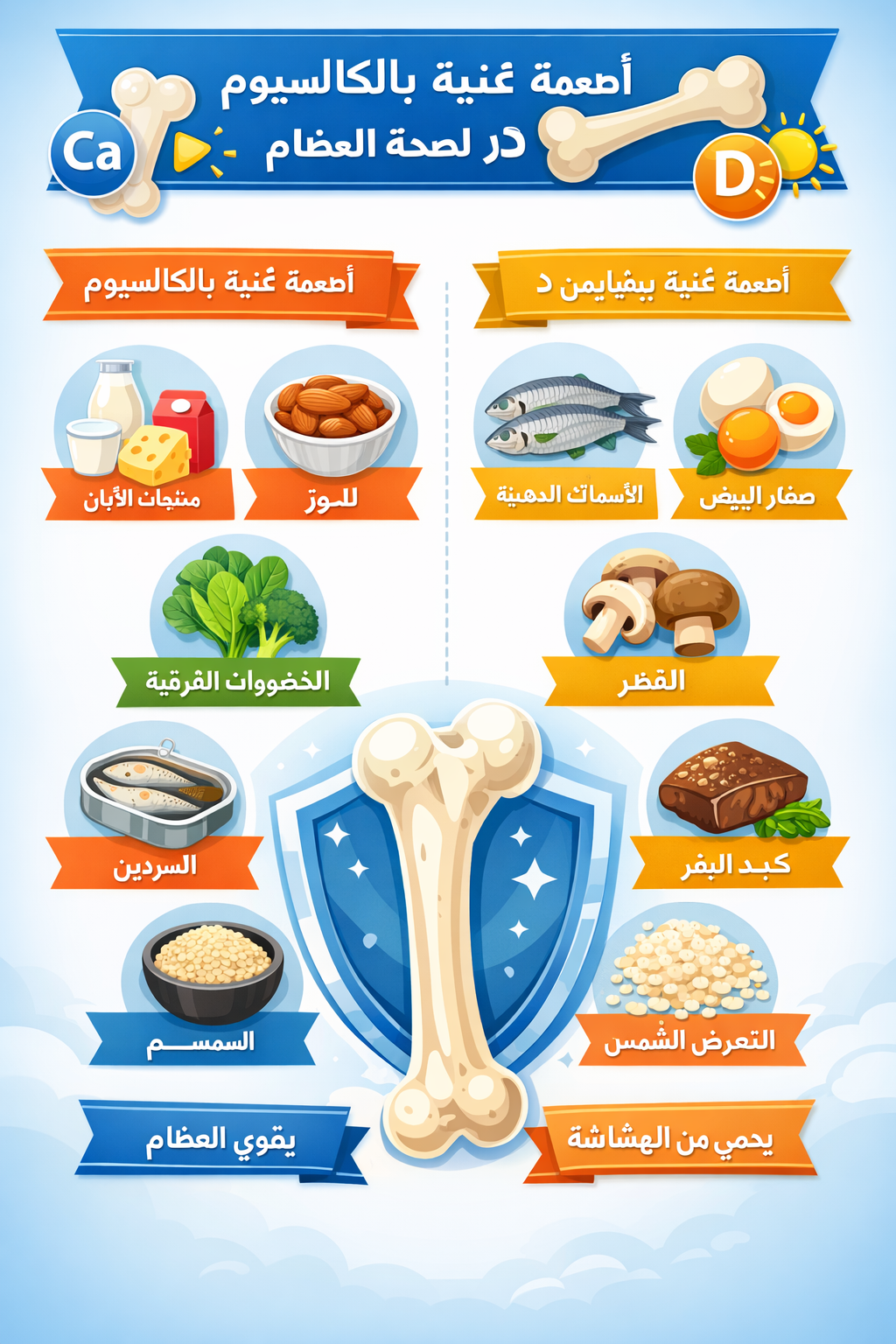 إنفوجرافيك يوضح الأطعمة الغنية بالكالسيوم وفيتامين د اللازمة لصحة العظام